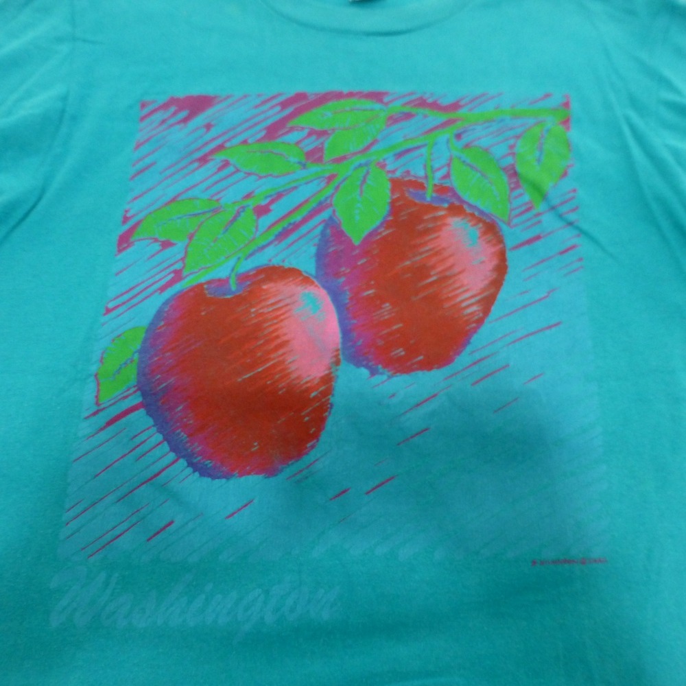 Vintage Fruit of the Loom Washington Apples Teal T-Shirt Single Stitch Large - Picture 3 of 11